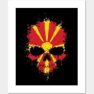 Chaotic Macedonian Flag Splatter Skull Posters and Art